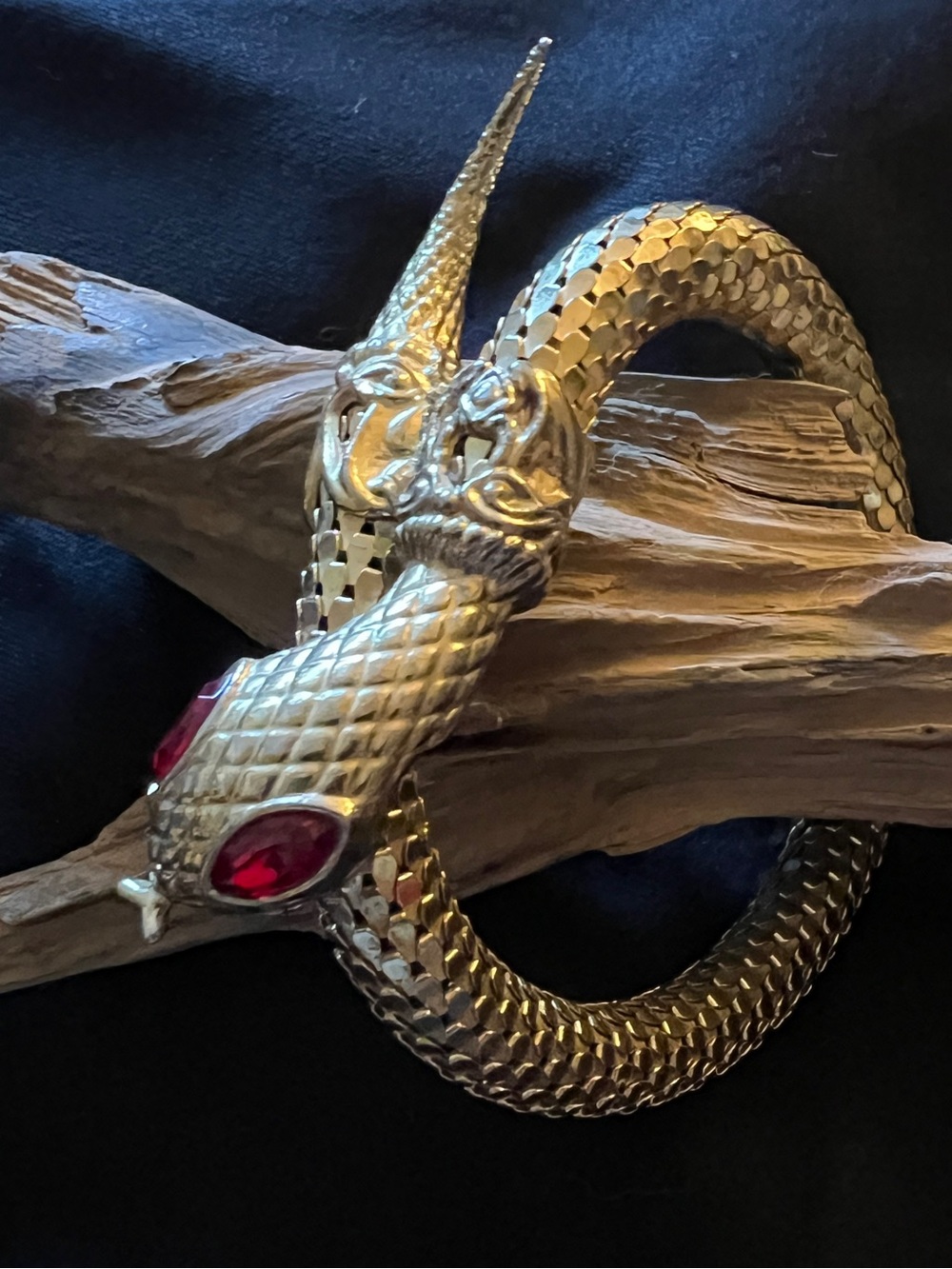Vintage Serpent Snake Mesh Bracelet Gold Wrap Red Crystal Eyes